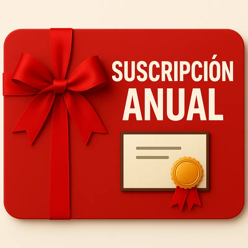 Tarjeta roja con lazo y el texto "Suscripción Anual", acompañada de un certificado con sello dorado